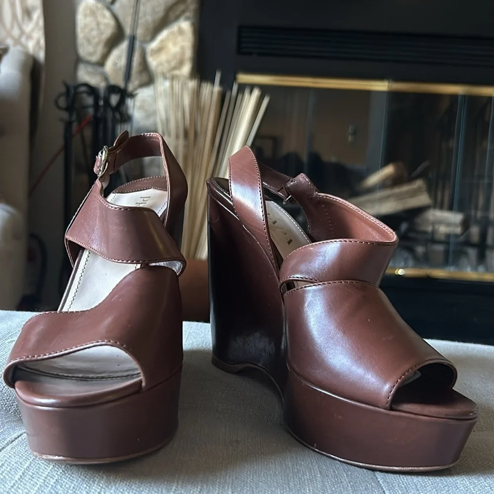 Prada Asymmetric Calfskin Wedge Sandal, Brown